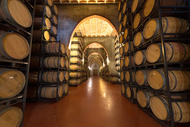 Barriquekelder van Bodegas Benito Escudero met rijen eikenhouten vaten onder gewelfde plafonds in Grávalos, Rioja Oriental